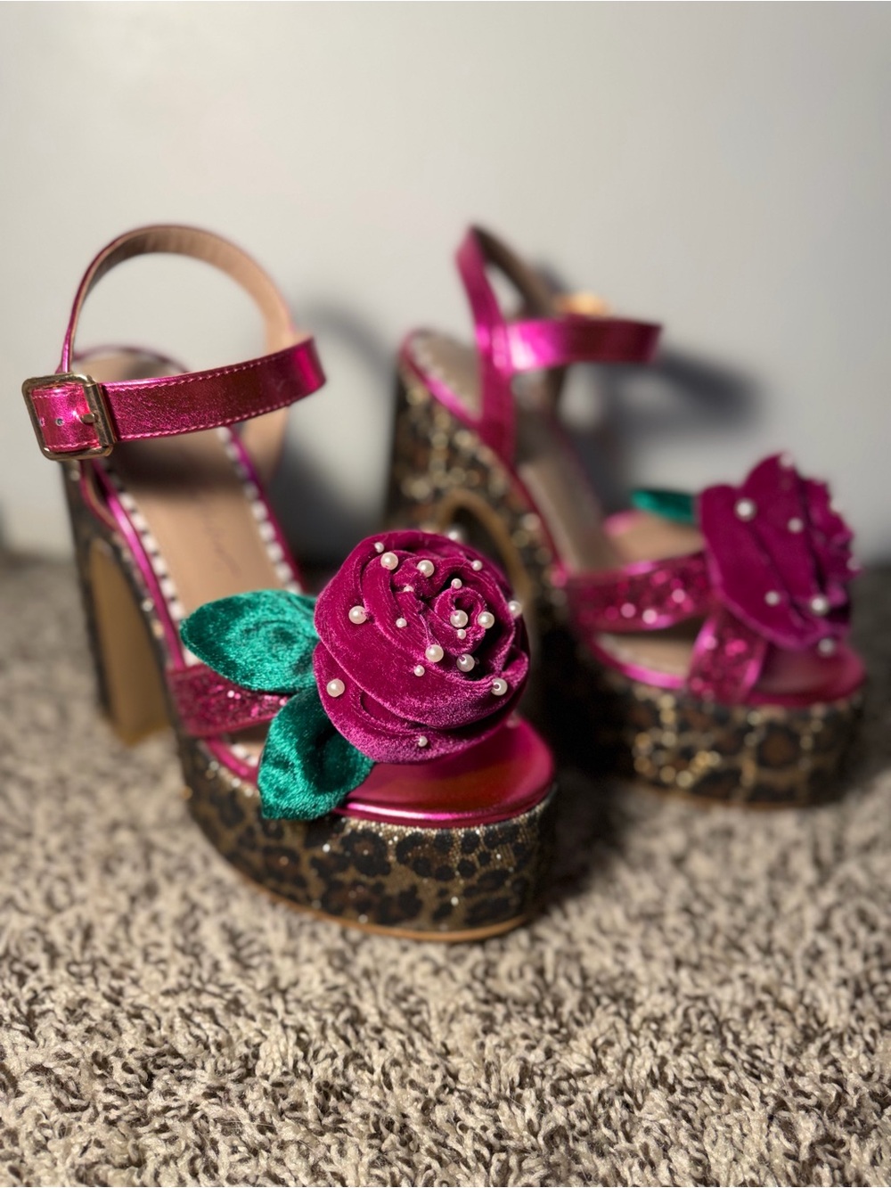 Betsey Johnson Pink Velvet Floral Platform Sandals with Leopard Print